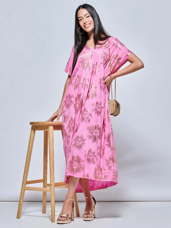 Maxi dresses with a gathered skirt for a voluminous and dramatic effectShort Sleeve Tunic Holiday Maxi Dress, Pink Abstract
