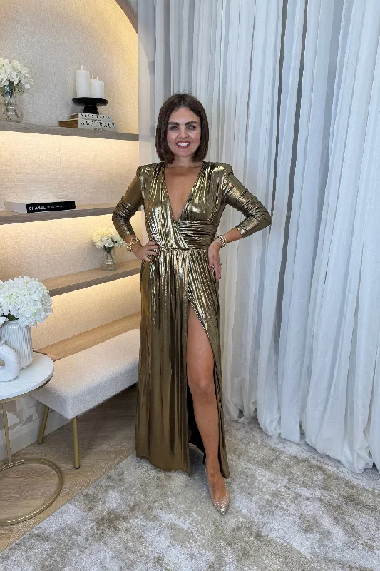Maxi dresses with a cinched waist for a defined silhouetteSophia Metallic Maxi Dress In Gold