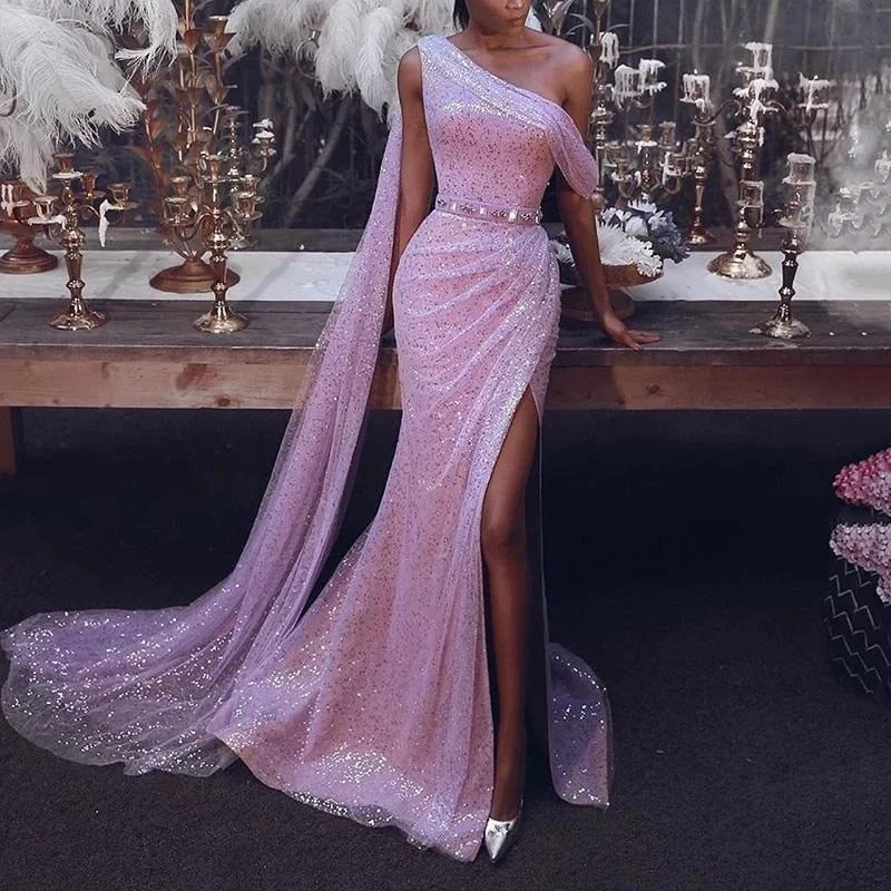 Maxi dresses with fringe trim for a bohemian vibeBerriesJam - 2024 Strapless Sequin Sleeveless One Shoulder Maxi Long Dress
