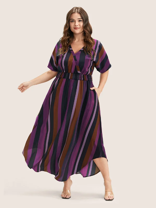 Denim maxi dresses with frayed hems for a casual lookStriped Dolman Sleeve  Pocket Shirred Flutter Wrap Dress