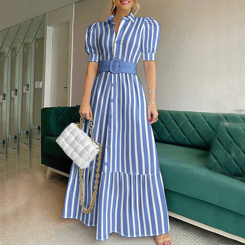 Linen maxi dresses for a breathable and lightweight summer optionSummer Elegant Turn Down Collar Stripe Print Shirts Maxi Dress With Belt Casual Women Puff Sleeve Long Dresses