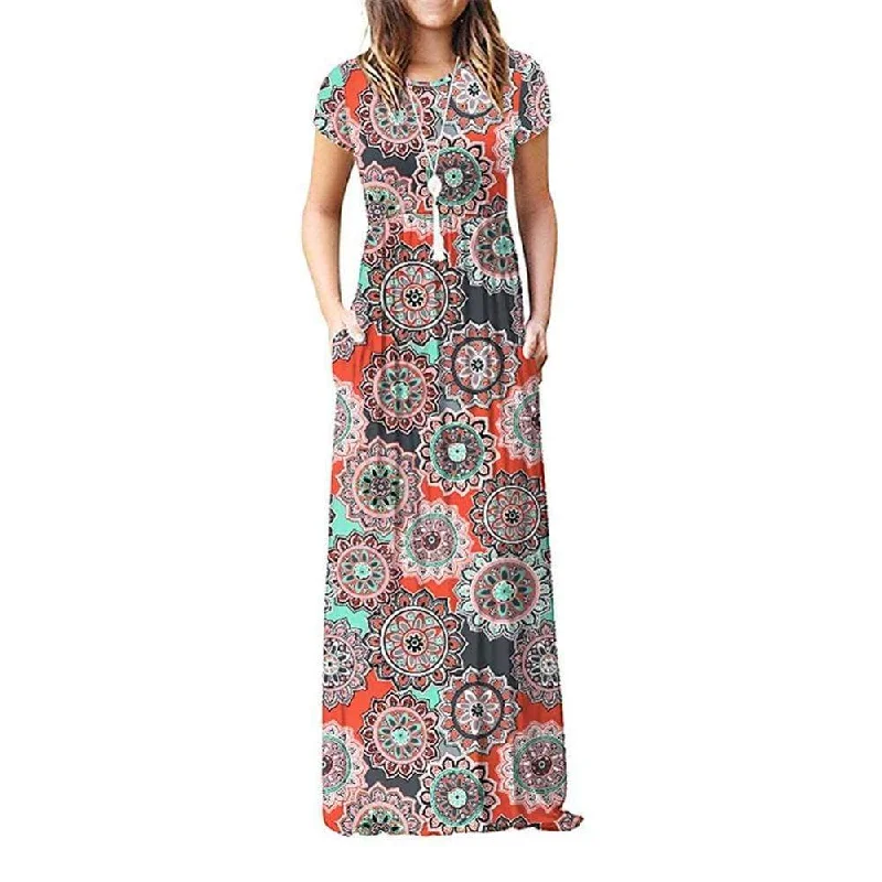 Maxi dresses with a wrap - around style for a customizable fitFashionSierra - Summer Short Sleeve Long Dress Floral Print Boho Beach Dress Tunic Maxi Dress