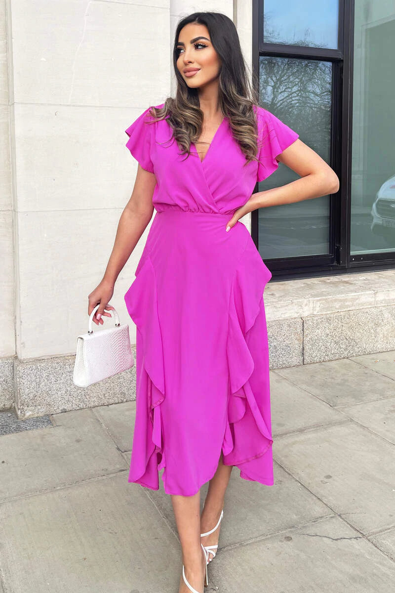 Strapless maxi dresses for a beachside vacationTegan Cerise Pink Split Skirt Midi Dress