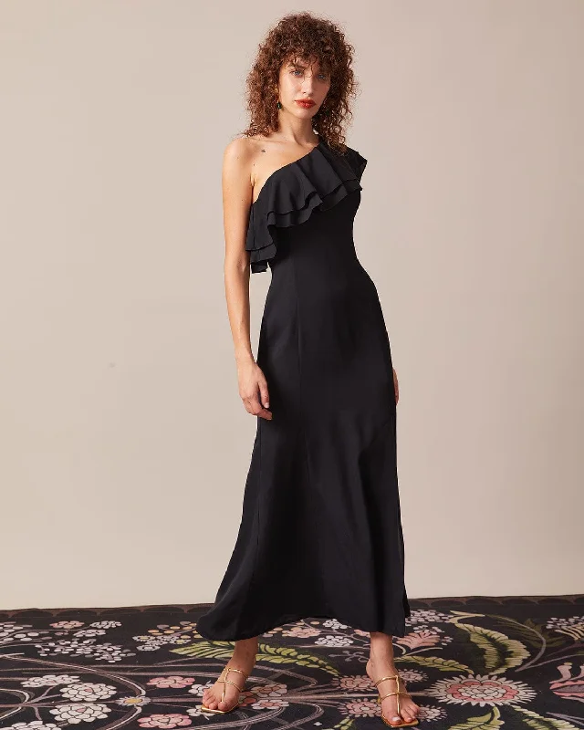 Maxi dresses with cold - shoulder cutouts for a trendy lookThe Black One Shoulder Flounce Maxi Dress