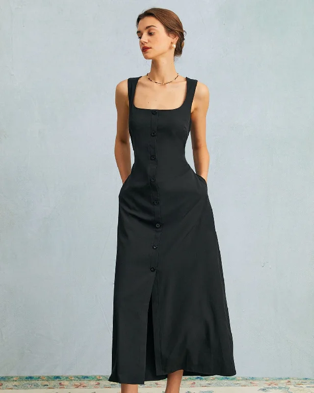 Maxi dresses with tassel accents for a fun and lively touchThe Black U Neck Tie Back Sleeveless Maxi Dress