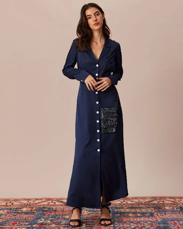 Maxi dresses with fringe trim for a bohemian vibeThe Navy Lapel Single-Breasted Maxi Dress