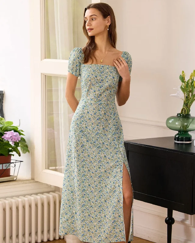 Strapless maxi dresses for a beachside vacationThe Square Neck Floral Slit Maxi Dress