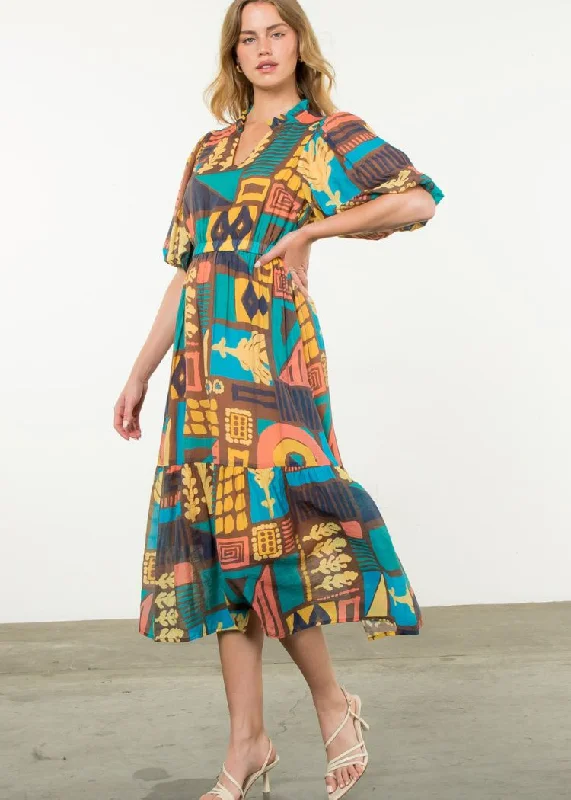 Maxi dresses with a ruffled neckline for a charming lookTHML Audrina Abstract Print Dress- Brown ***FINAL SALE*** Maxi dresses with a ruffled neckline for a charming lookTHML Audrina Abstract Print Dress- Brown ***FINAL SALE***