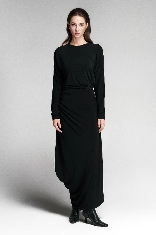 Maxi dresses with fringe trim for a bohemian vibeTwila Asymmetric Long Sleeved Rayon Maxi Dress