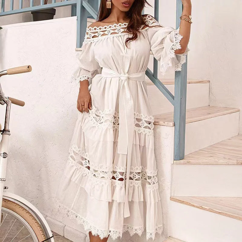 Maxi dresses with fringe trim for a bohemian vibeVestidos Mujer Style Lace Dress 2022 Autumn New Style One-word Collar Hollow Hook Flower Lace Ruffle Dresses Maxi dresses with fringe trim for a bohemian vibeVestidos Mujer Style Lace Dress 2022 Autumn New Style One-word Collar Hollow Hook Flower Lace Ruffle Dresses