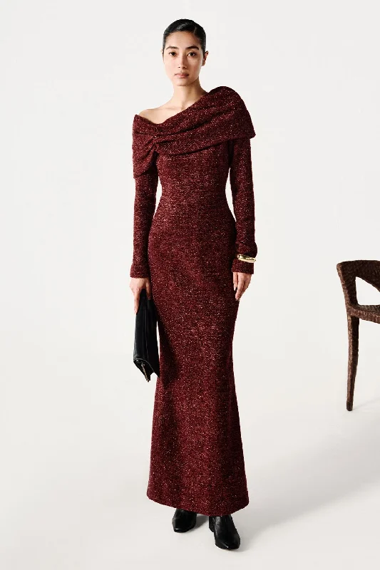 Maxi dresses with bow accents at the waist for a sweet appearanceWilcoxie Trumpet Asymmetric Neck Tweed Maxi Dress