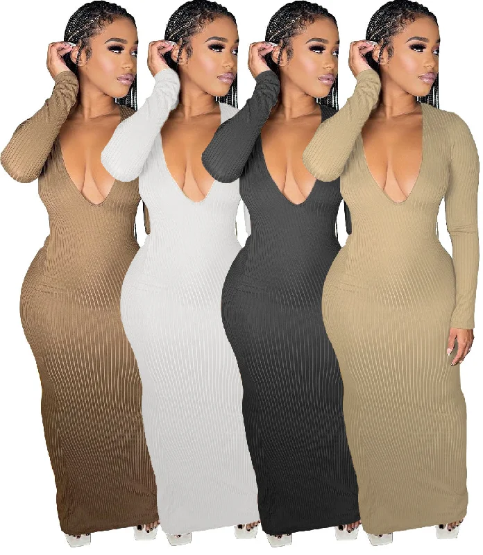 Maxi dresses with balloon sleeves for a vintage - inspired styleWomen Dresses Knitted Women Clothing Sweater Dress Deep V Neck Maxi Casual Sexy Knitting Slim Ribbed Dress