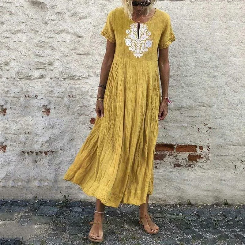 Floral print maxi dresses for summer garden partiesFashionSierra - Women Peasant Ethnic Boho Cotton Linen Long Sleeve Maxi Dress