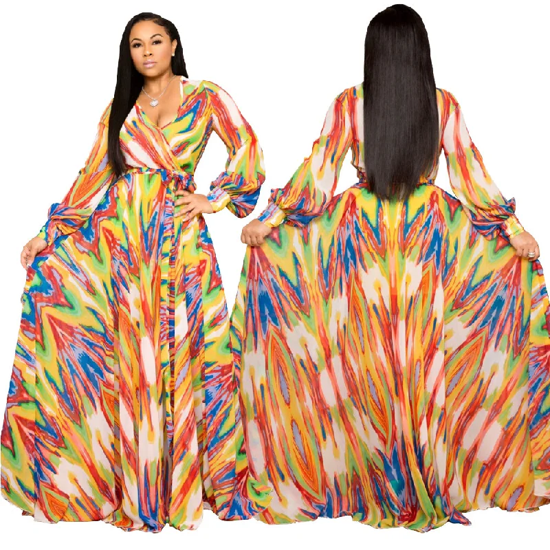 Maxi dresses with a ruffled neckline for a charming lookWomen sexy print deep v neck  chiffon casual chiffon maxi  dress with with long sleeve