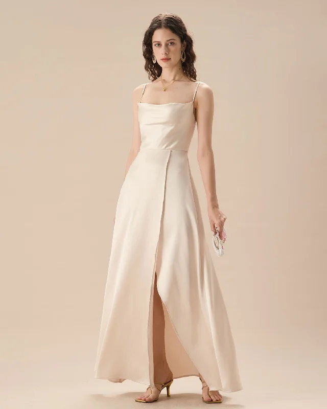Denim maxi dresses with frayed hems for a casual lookApricot Satin Cowl Neck Slip Maxi Dress