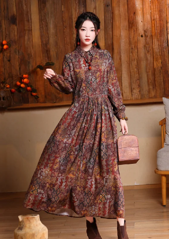 Maxi dresses with fringe trim for a bohemian vibewomen's fashionable printed lapel long dress Maxi dresses with fringe trim for a bohemian vibewomen's fashionable printed lapel long dress