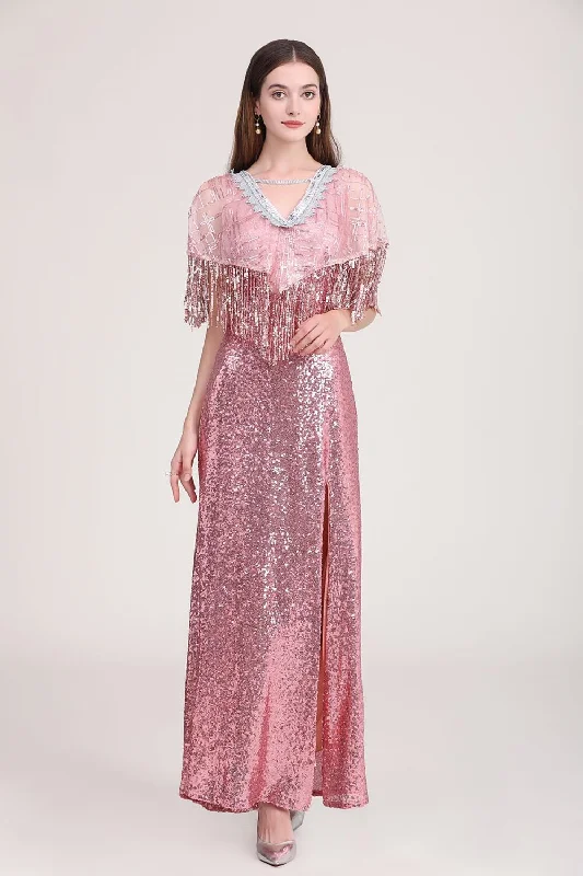 Floral print maxi dresses for summer garden partiesFashionSierra - Low V Back Cape Detailing Tassels Shinning Split Elegant Long Prom Dresses