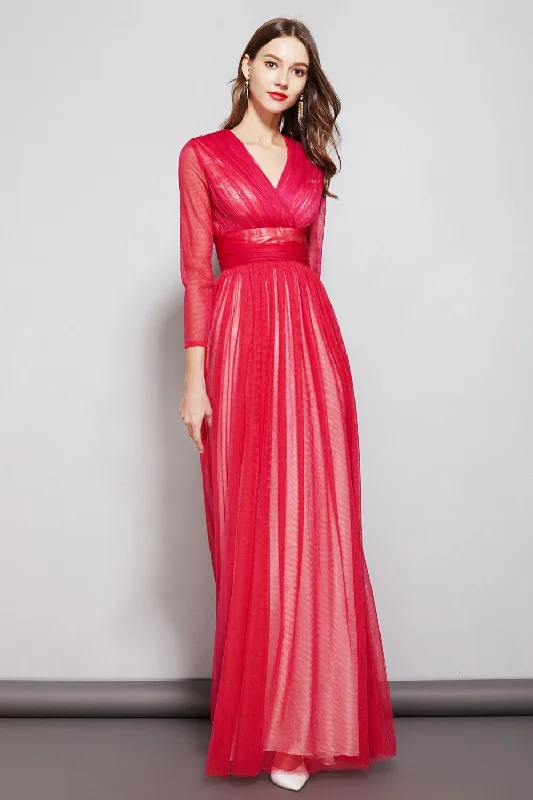 Maxi dresses with a gathered skirt for a voluminous and dramatic effectFashionSierra - Sexy V Neck Long Sleeves Ruched Waist Layered Elegant Maxi Dresses