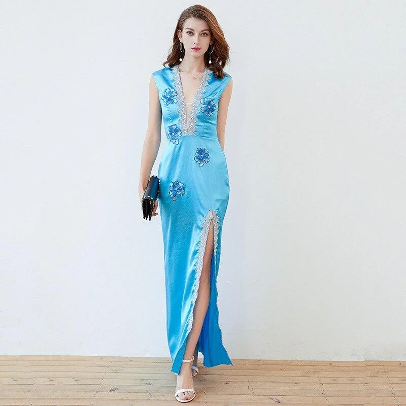 Maxi dresses with cold - shoulder cutouts for a trendy lookFashionSierra - Sexy V Neck Sleeveless Split Piping Elegant Designer Long Maxi Dress Maxi dresses with cold - shoulder cutouts for a trendy lookFashionSierra - Sexy V Neck Sleeveless Split Piping Elegant Designer Long Maxi Dress