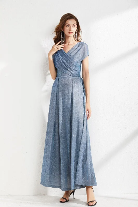 Denim maxi dresses with frayed hems for a casual lookFashionSierra - V Neck Cape Sleeves Criss Cross Elegant Long Maxi Dress Denim maxi dresses with frayed hems for a casual lookFashionSierra - V Neck Cape Sleeves Criss Cross Elegant Long Maxi Dress