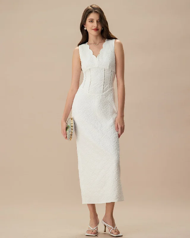 Floral print maxi dresses for summer garden partiesWomen's White V-Neck Jacquard Maxi Dress