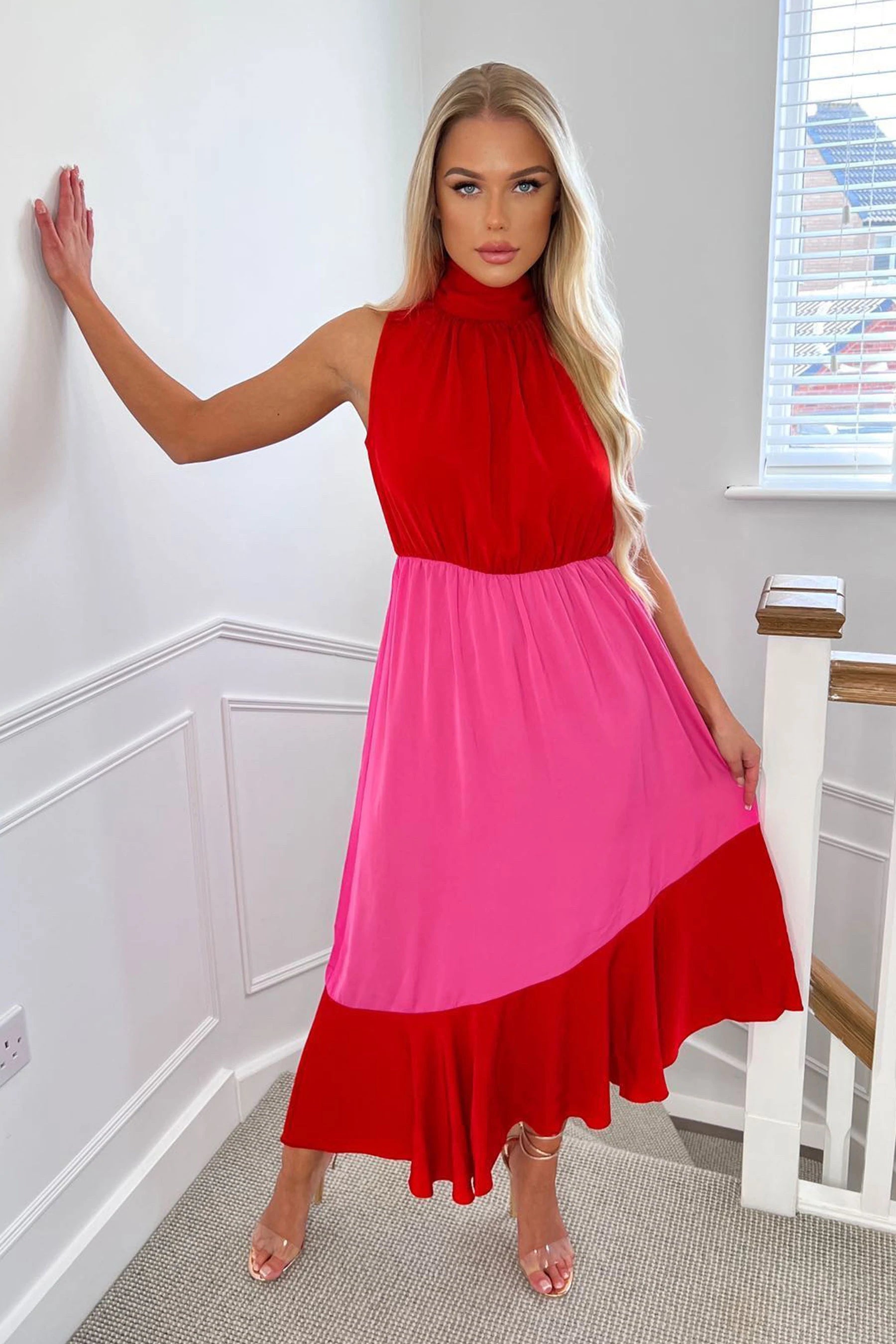 Maxi dresses with a paisley print for a classic and elegant styleYvette Red and Pink High Neck Tiered Midi Dress