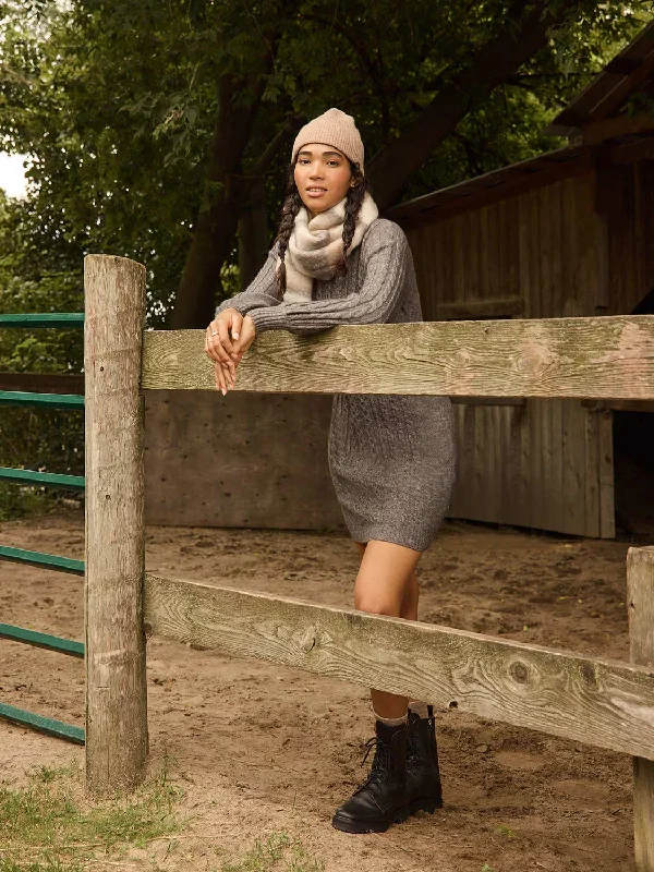 Denim mini dresses with distressed detailsCable Knit Mock Neck Sweater Dress