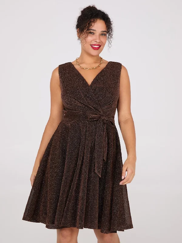Mini dresses with bow accents for a sweet lookSleeveless Shimmer Crossover Fit & Flare Dress Mini dresses with bow accents for a sweet lookSleeveless Shimmer Crossover Fit & Flare Dress