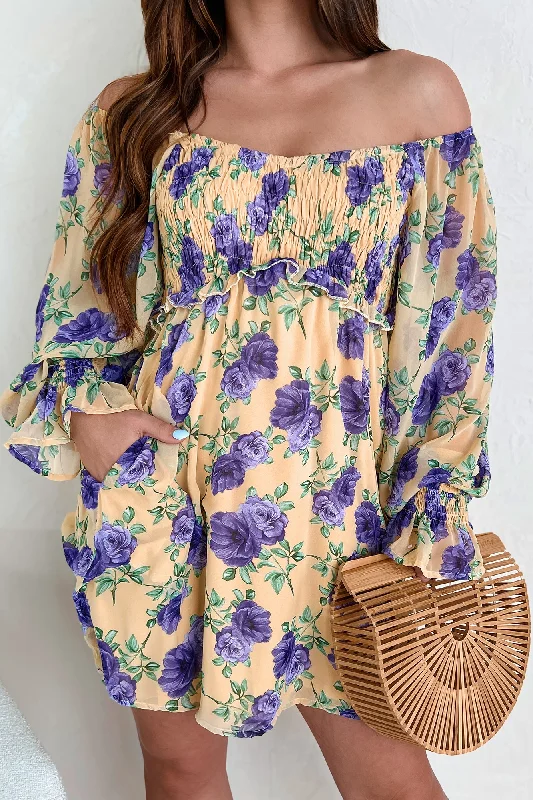 Mini dresses with ruched bodices for a feminine touchA Beautiful Feeling Smocked Floral Chiffon Mini Dress (Light Mustard)