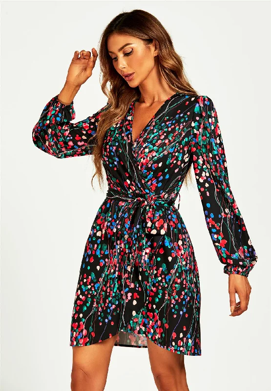 Mini dresses with bow accents for a sweet lookAbstract Floral Print Wrap Mini Dress In Black