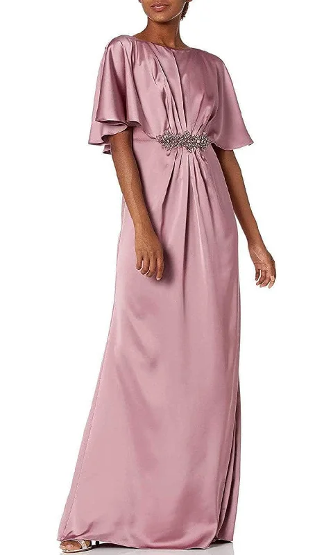 Wedding guest dresses with cold - shoulder designs and solid colorsAdrianna Papell AP1E205725 - Cape Sleeved Long Satin Formal Dress
