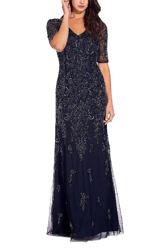 Sheer wedding guest dresses with lace inserts and long sleevesAdrianna Papell AP1E206462 P - Short Sleeve Beaded Evening Dress