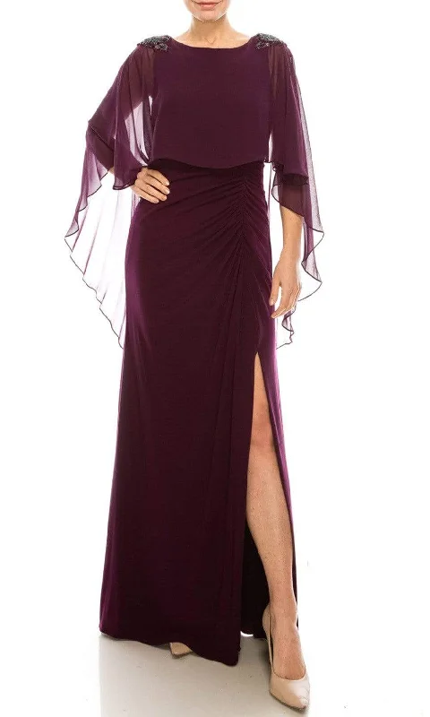 Maxi wedding guest dresses with floral prints for summer weddingsAdrianna Papell - AP1E206514 Ruched High Slit Sheer Cape Evening Dress