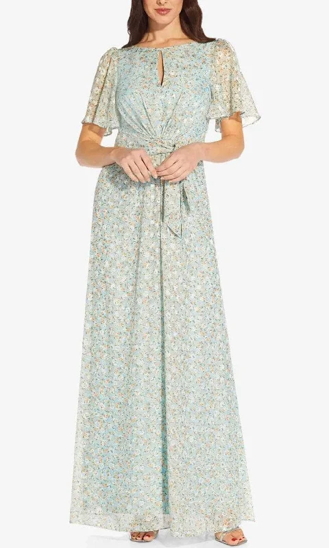 Wrap - style wedding guest dresses with bow accentsAdrianna Papell AP1E209532 - Flutter Sleeve Floral Long Gown