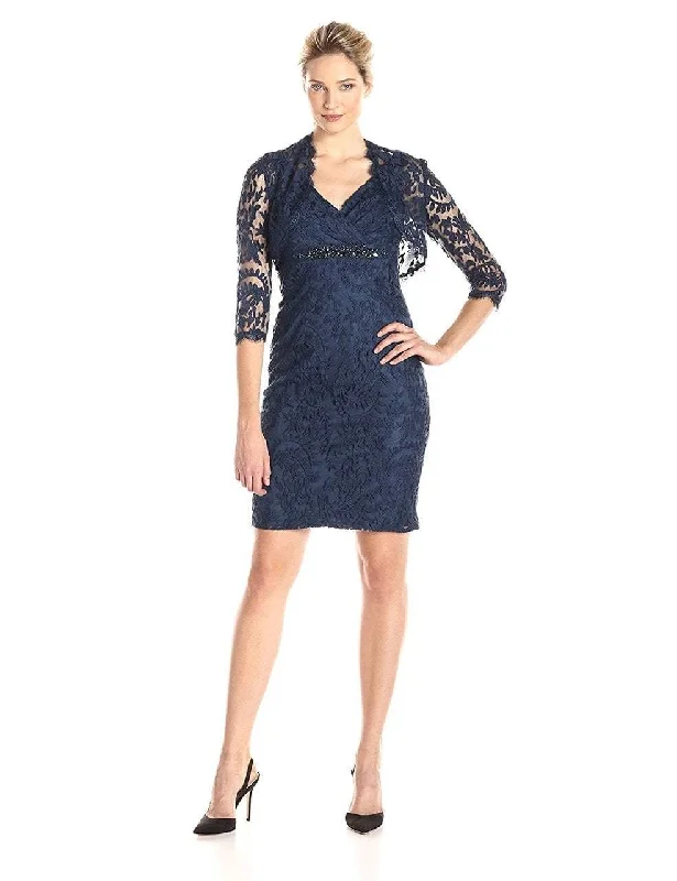 Sheath - style wedding guest dresses with lace overlaysAdrianna Papell - Embellished V-Neck Sheath Dress 15253710