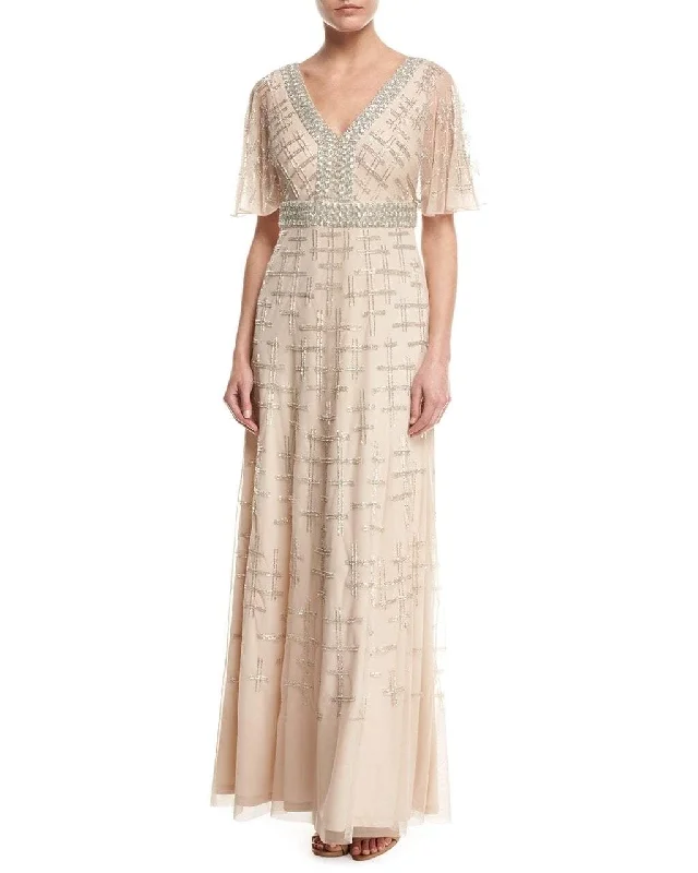 Wedding guest dresses with abstract prints and long trainsAidan Mattox - MD1E201195 Short Flutter Sleeve Adorned Capelet Gown