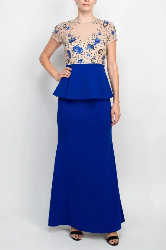 Satin wedding guest dresses with side slits for a sexy touchAidan Mattox MD1E202604 - Peplum Waist Embroidered Evening Gown