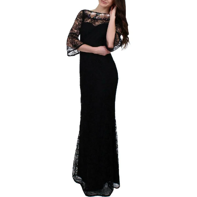 Sheer wedding guest dresses with lace inserts and long sleevesAidan Mattox - MD1E202735 Floral Lace Bateau Trumpet Dress