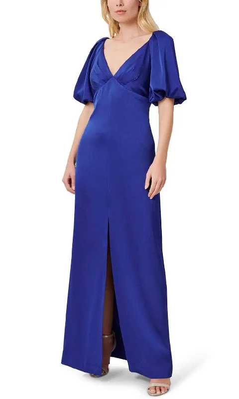 Sheath - style wedding guest dresses with lace overlaysAidan Mattox MD1E207009 - Puffed Sleeve Satin Evening Gown