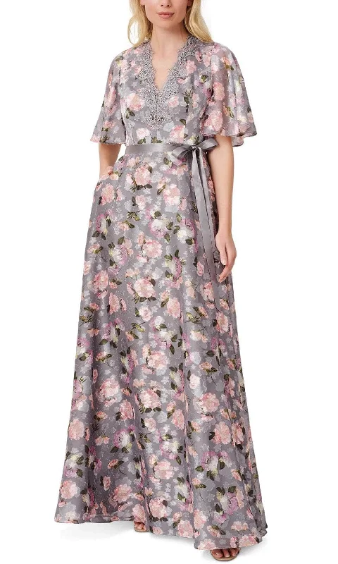 Ribbed - texture wedding guest dresses in neutral colorsAidan Mattox MD1E207259 - Flutter Sleeve Floral Long Dress