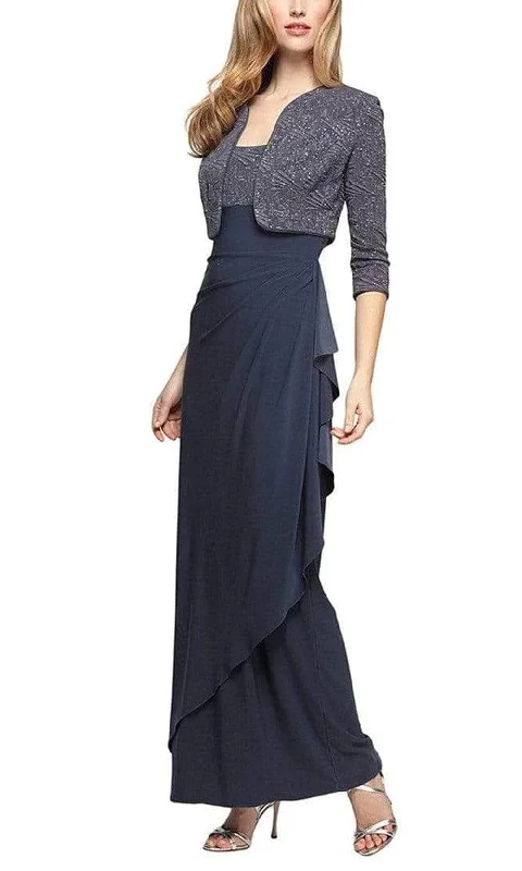 Printed wedding guest dresses with tropical motifs for beach weddingsAlex Evenings - 225196 Glitter Square Neck Formal Dress