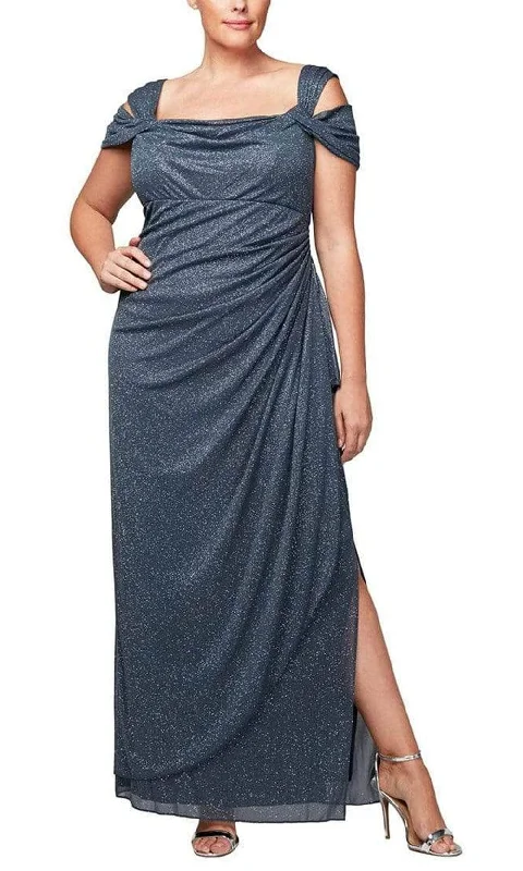 Lace - and - tulle wedding guest dresses with sweetheart necklinesAlex Evenings 433026 - Cold Shoulder Glitter Formal Dress