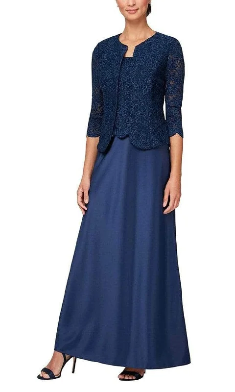 Wedding guest dresses with ruched bodices and spaghetti strapsAlex Evenings 81122326 - Lace Embellished Dress With Jacket