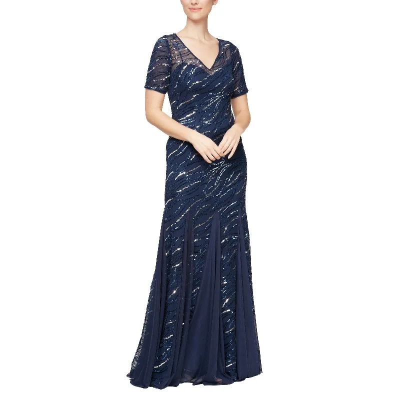Polka - dot - printed wedding guest dresses with short sleevesAlex Evenings AE8196804 Long Formal Dress
