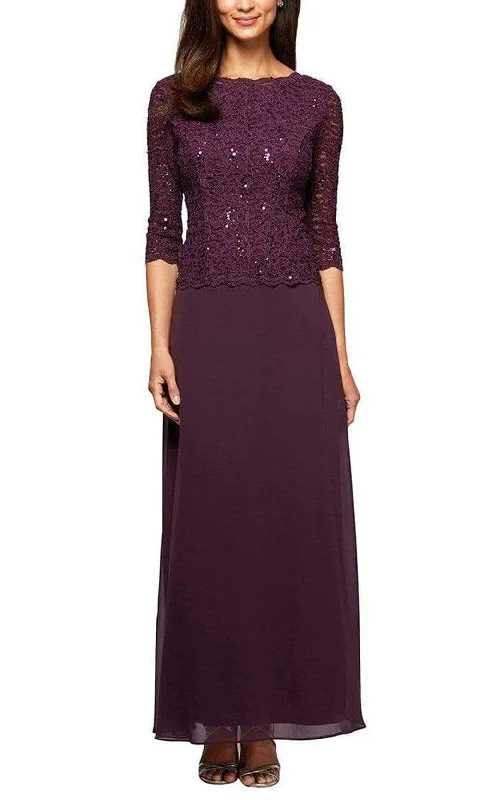 Sheer wedding guest dresses with lace inserts and long sleevesAlex Evenings - Quarter Sleeve Scallop Lace Dress 112318