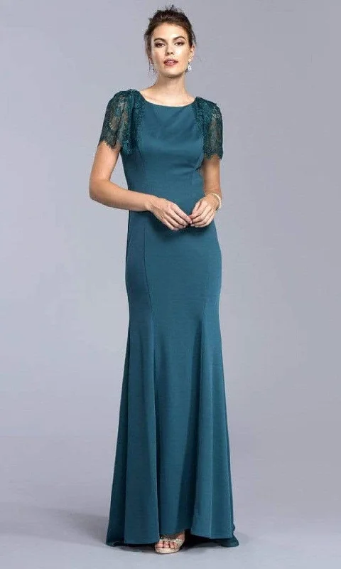 Satin wedding guest dresses with side slits for a sexy touchAspeed Design - L2030 Lace Short Sleeve Trumpet Dress