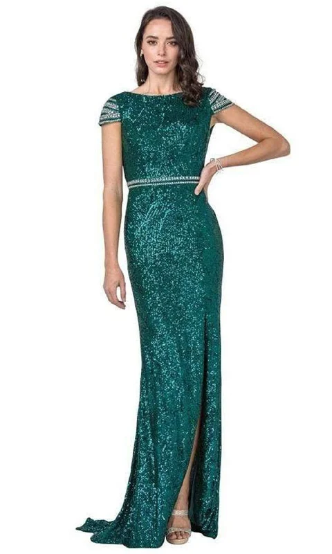Embroidered wedding guest dresses in earthy tones for a rustic weddingAspeed Design - L2398 Cap Sleeve Sequined High Slit Dress