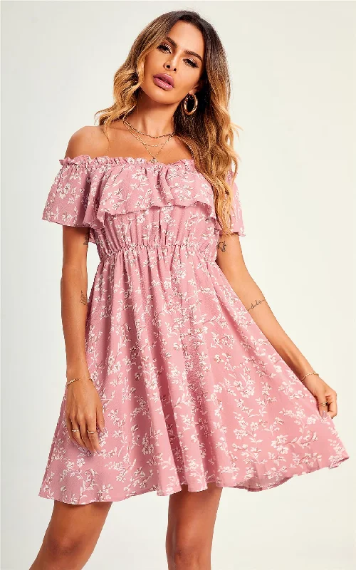 Mini dresses with spaghetti straps for a delicate lookBardot Frill Mini Dress In Pink Flora Print