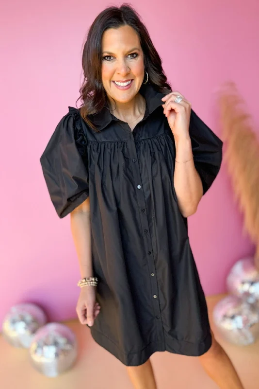 Linen mini dresses for a breathable summer optionBlack Poplin Collared Button Down Frill Puff Sleeve Dress