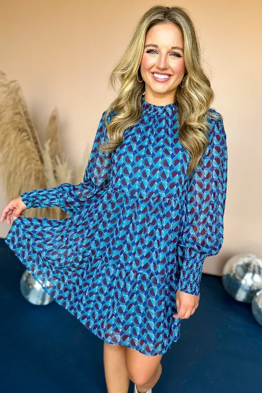 Mini dresses with halter necks for a stylish choiceBlue Geometric Printed Bubble Sleeve Tiered Dress